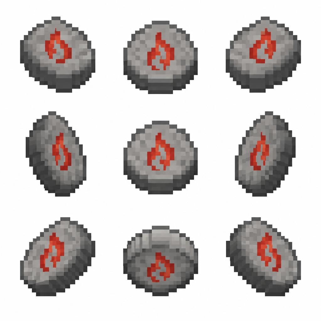 flache minecraft textur in 16x16 Pixeln des exakt gleichen runden steins mit einer einzigen roten rune darin die feuer symbolisieren soll