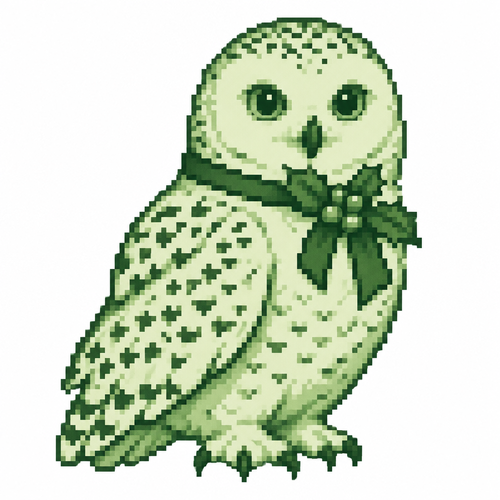 A snowy owl wearing a simple holly-decorated neck ribbon. 
White background