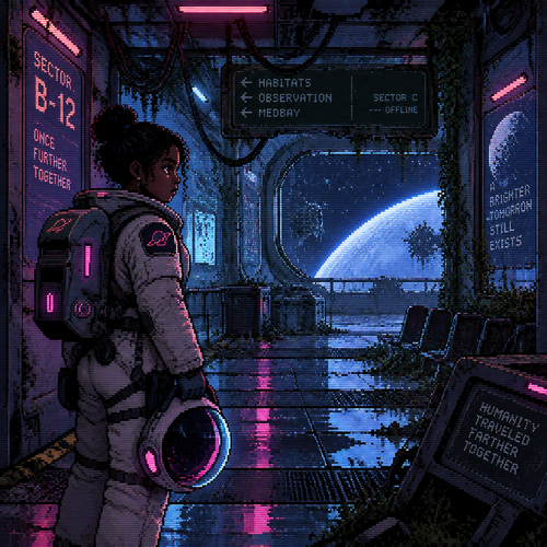 A young girl astronaut with dark skin stands in an abandoned space station