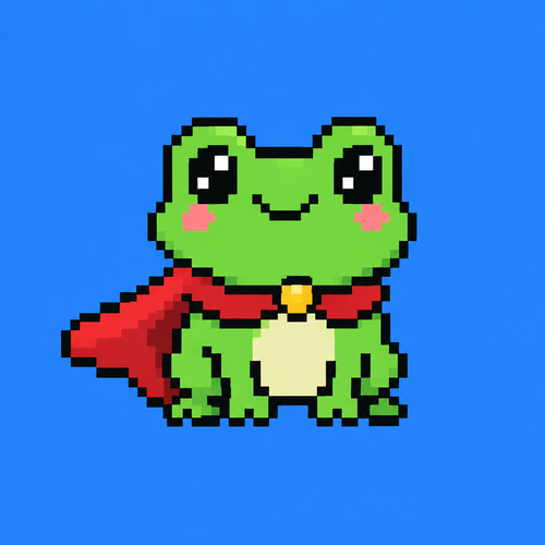 Cute kawaii frog on a cape. Plain blue background 
