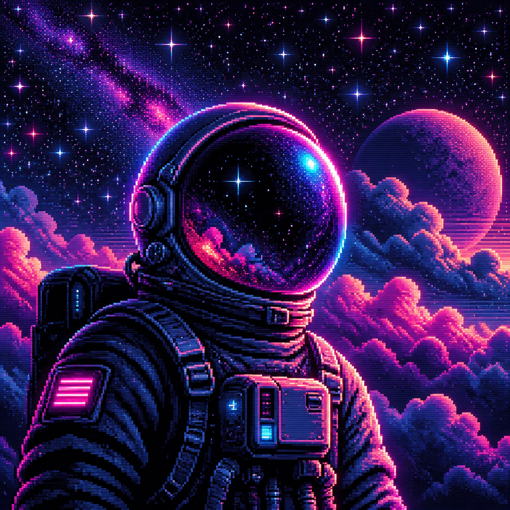 faceless astronaut with a bubble helmet in front of clouds and stars. add more stars in background