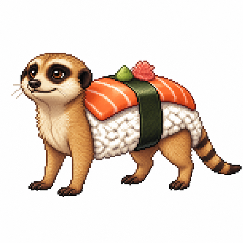 Cartoon sushi meerkat (quadruped), full body, white background