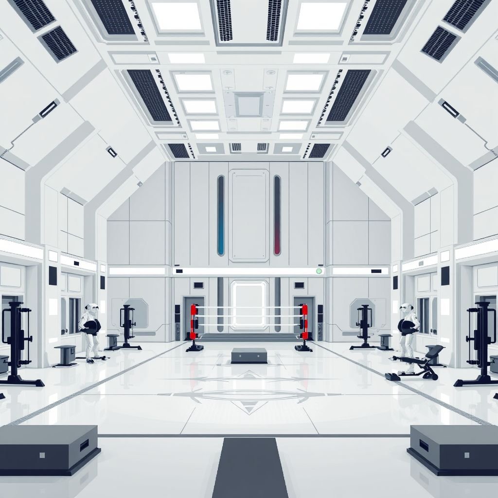 An open, massive sci-fi training room with exercise equipment and a sparring area. Minimalist, clean. Use a mostly pure white and sterile color palette, pixelated, retro, 16-bit, blocky, vintage.