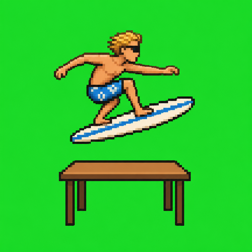 Surfer over table, with green background. Camera angle from the side of the 
surfer