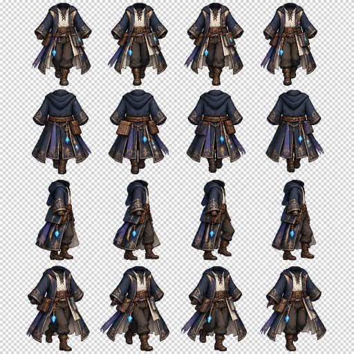 Create a pixel art clothing reference sprite sheet for an 8-directional walking animation for a male 2D game character. A medieval arcane scholar outfit, including a robe with a hood pulled down, golden chains with bluish glowing crystals dragging from a rope on his belt. He must have a satchel attached to his belt, and a spellbook as well.

Style: clean detailed pixel art for a character customization system. Transparent background. Clothing only — no head, no hair, no body, no face. Designed as a clothing overlay for a male character sprite.

Arcane Scholar clothing design:

* Tie-up long sleeve shirt
* Loose practical trousers suitable for movement.
* Leather belt with ropes, chained crystals, a spellbook and arcane trinks, as well as small pouch.
* Ornate leather boots.
* Optional cloth sash or scarf detail.
* Practical arcane robe, not military, not armor.

Create 16 matching views:

1. 4 Front views — complete outfit visible, one image showing the beginning of the step forward animation, one showing the middle of the step forward animation, one showing the end of the forward step animation  
2. 4 Back views — show back details and clothing shape. one image showing the beginning of the step forward animation, one showing the middle of the step forward animation, one showing the end of the forward step animation
3. 4 Side views — accurate silhouette. one image showing the beginning of the step forward animation, one showing the middle of the step forward animation, one showing the end of the forward step animation
4. Diagonal Views - one image showing the beginning of the step forward animation, one showing the middle of the step forward animation, one showing the end of the forward step animation

Keep the exact same outfit design, colors, proportions, and details across all four views. The clothing must align perfectly with the same male base character model.

Arrange the 4 sprites in a clean grid layout. Pixel-perfect alignment. Transparent background. No tex