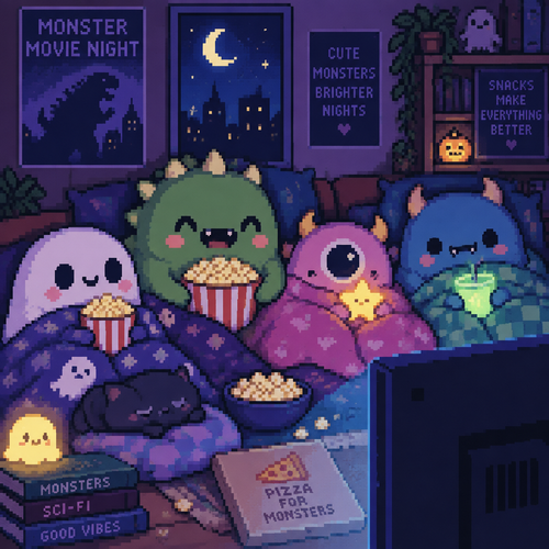 Cute kawaii monster movie night with cute monsters bundled under blankets with popcorn and glowing snacks 