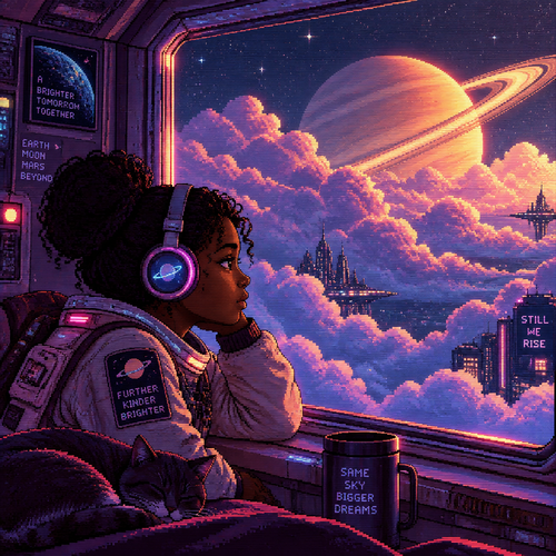 Young dark skin astronaut girl with headphones looks out her window at Saturn rising through big puffy clouds. Lots of clouds.