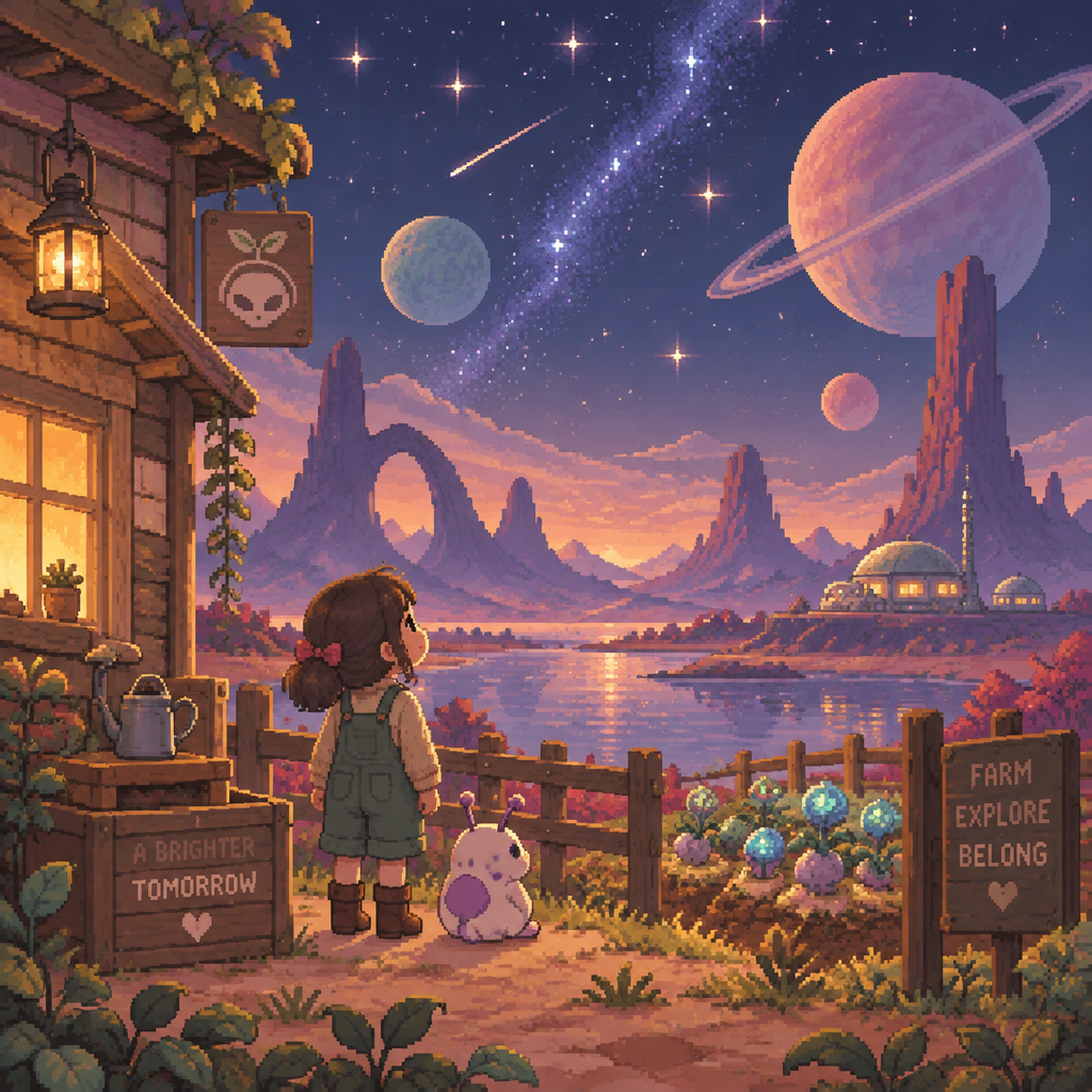 Little girl on an alien world looking up at stars hopefully