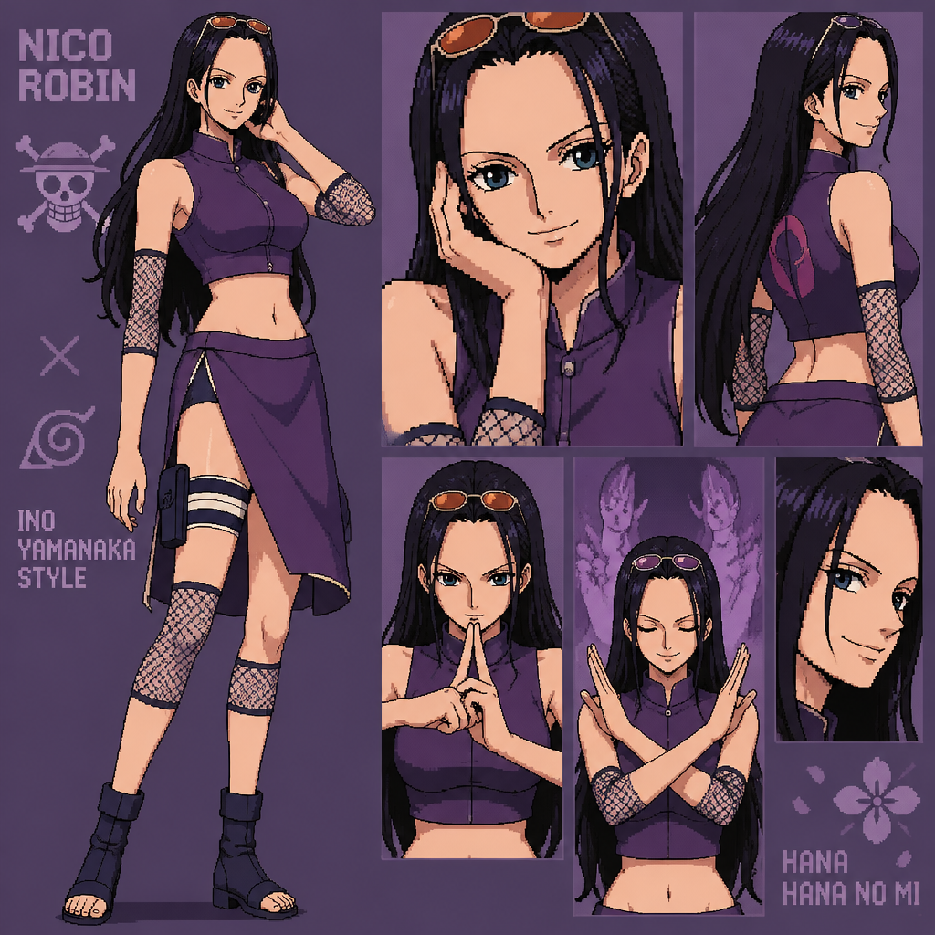 Nico robin de one piece con la ropa de ino yamanaka del anime deNaruto