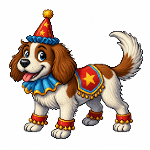 Cartoon circus dog (quadruped), full body, white background