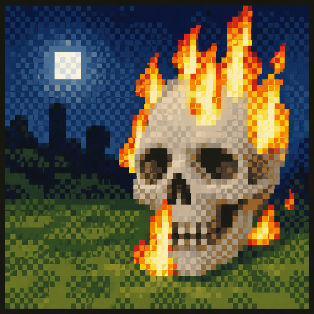 Erstelle mir das Skull on fire Gemälde aus Minecraft in einem 32x32 raster