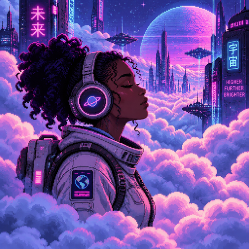 Profile of Young dark skin astronaut girl with headphones and eyes closed standing surrounded by a Lot of puffy clouds.