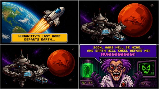 A cutscene in a comic book strip style, with 4 quadrants, 1  of a space ship leaving the Earth with a text box below, and below that, a space station next to mars, next to it (on the right) an evil scientist laughing, with a text box above that