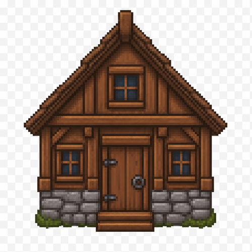 Can you generate me a fantasy style medieval 64x64 pixeled cabin front view on a completely transparent background. I want the cabin to be wooden with some stone veneer at the bottom