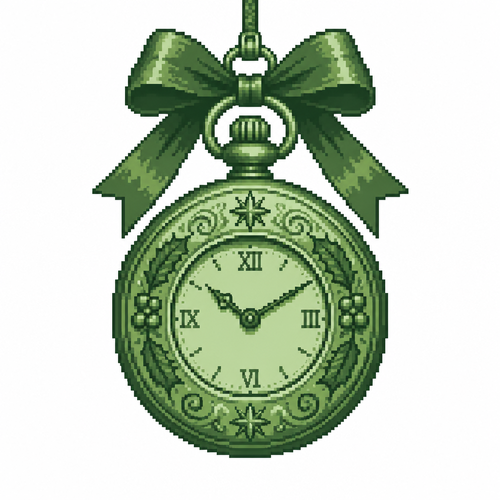 A pocket-watch Christmas ornament with engraved casing and a decorative bow. White background 