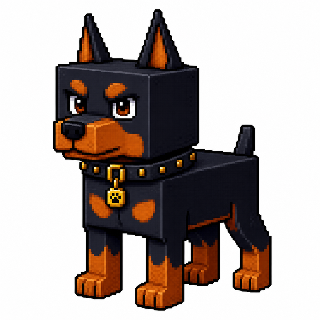 Cartoon cube doberman, full body, white background