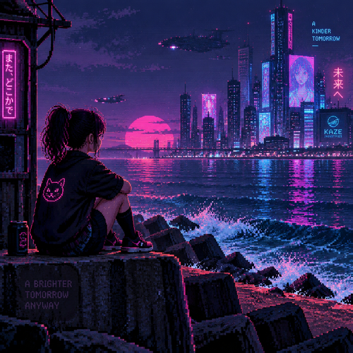 Young girl sits by the ocean with a futuristic city off in the distance 