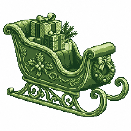 White background. Realistic sculpted Christmas sleigh centerpiece with engraved runners and an integrated gift bundle.