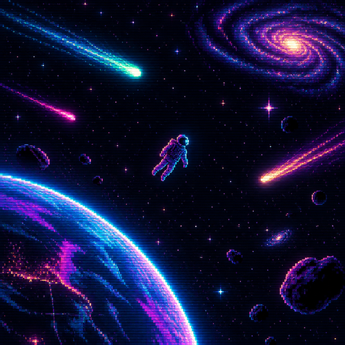 Astronaut floats in space as comets go by seen from far away