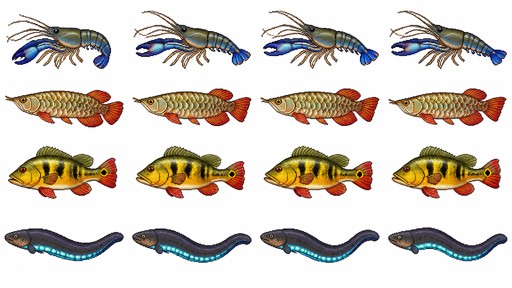 A 2D pixel art sprite sheet of vibrant summer freshwater fish for a cozy 16-bit fishing RPG, isolated on a pure solid white background #FFFFFF. 
LAYOUT: A strict grid format. 4 horizontal rows and 4 vertical columns. 
ANIMATION: Each row represents 1 species with a 4-frame swimming animation sequence (tail swinging smoothly from left to right).
SPECIES:
- Row 1: Giant River Prawn (blue-tinted pincers, curved tail, swimming backwards).
- Row 2: Arowana (large metallic scales, slender dragon-like body, barbels).
- Row 3: Peacock Bass (golden-yellow body with vivid black rosettes and red fins).
- Row 4: Electric Eel (long snake-like body, subtle glowing cyan belly, undulating movement).
STYLE: Crisp 16-bit pixel outlines, flat horizontal side-view facing left. NO anti-aliasing against the white background. NO shadows, NO water bubbles, NO text, NO watermarks.