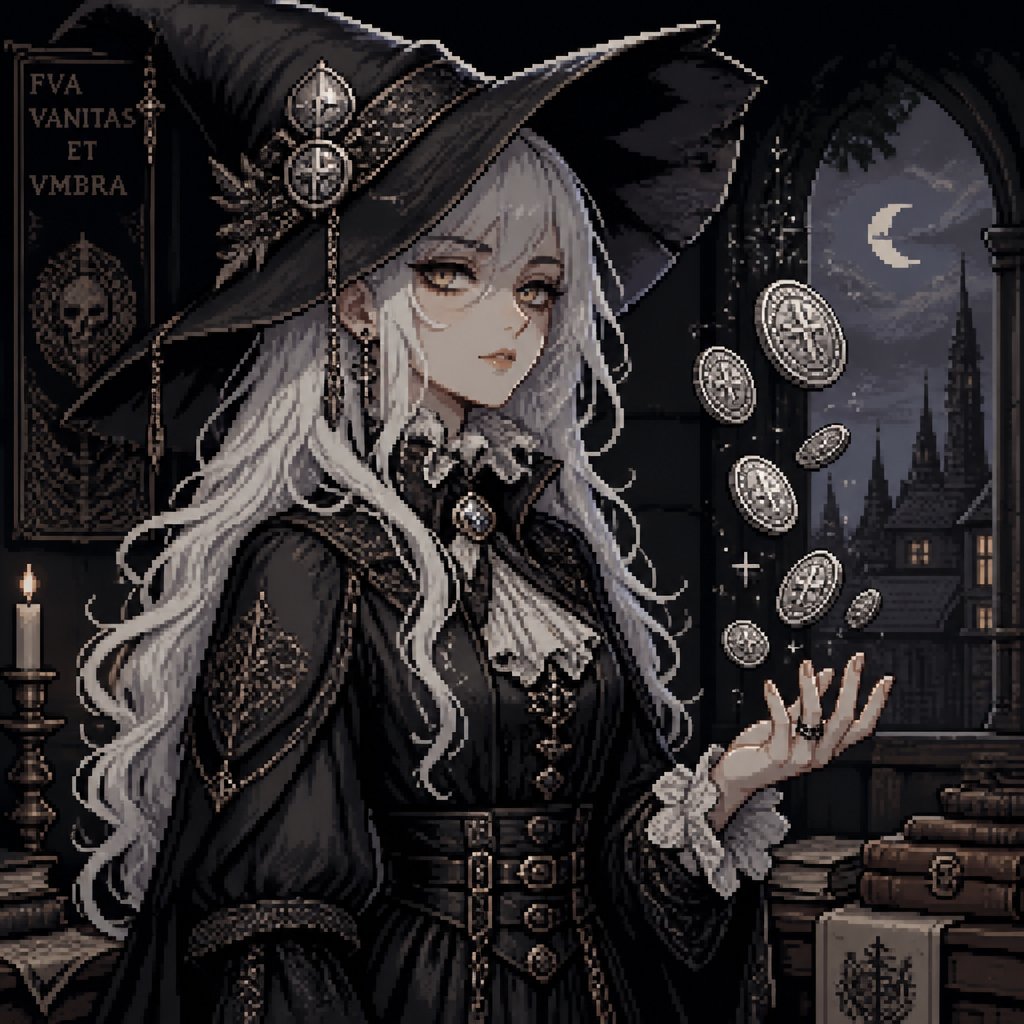 Pixel art of a witch in black attire holding floating coins in a gothic library.