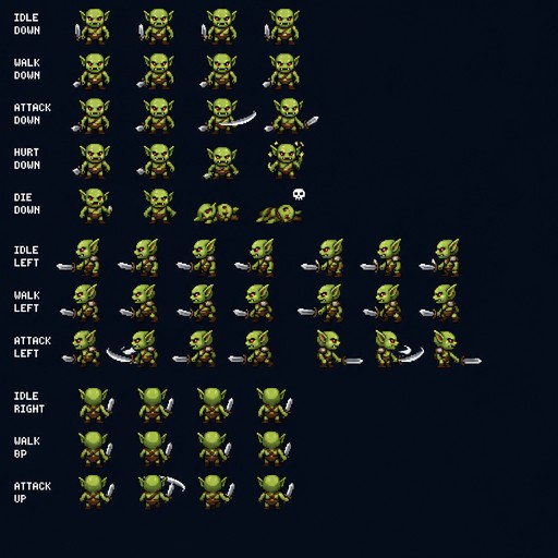 spritesheet of a goblin holding a sword. Eacht tile has to be 16 x 16 pixels