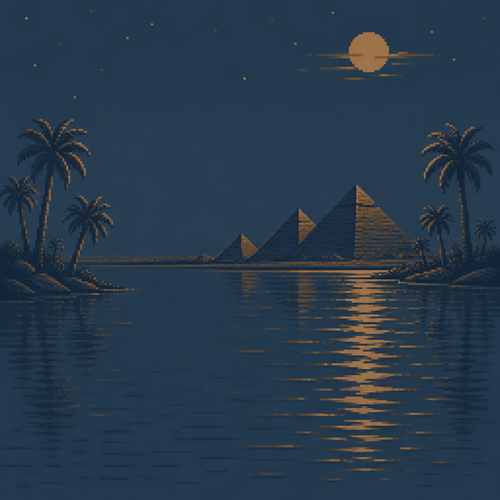 
retro pixel art style, night over a quiet lagoon fringed with palms, pyramid silhouettes
reflected in the water, strictly limited color palette (2-3 tones maximum): steel blue and
bronze only, no other hues, gentle ripples catching moonlight, empty of people and animals,
wide open space for overlay, no text