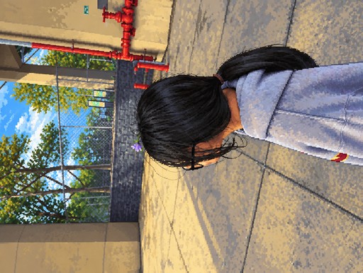 Pixel art of a person crouching outdoors beside a chain-link fence.