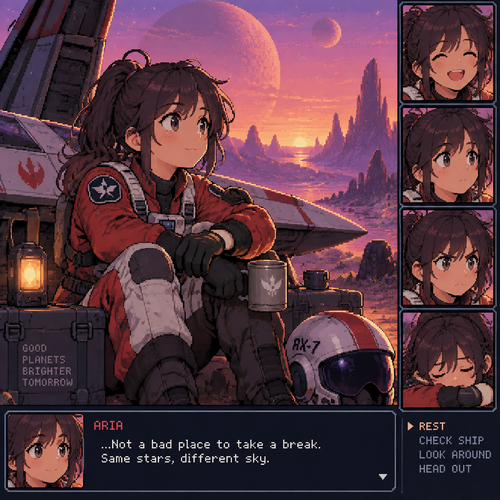 Young girl star fighter takes a break on an alien world 