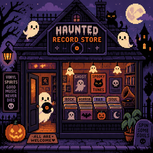 Cute kawaii spooky haunted record store
