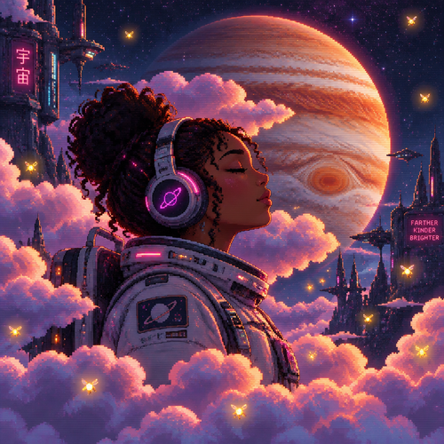 Profile of Young dark skin astronaut girl with headphones and eyes closed standing surrounded by a Lot of puffy clouds that float around her head and shoulders. Jupiter rises in the background. Fireflies are scattered in the scene 
