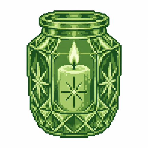 A candle inside a cut-glass Christmas jar with etched star panels. White background 
