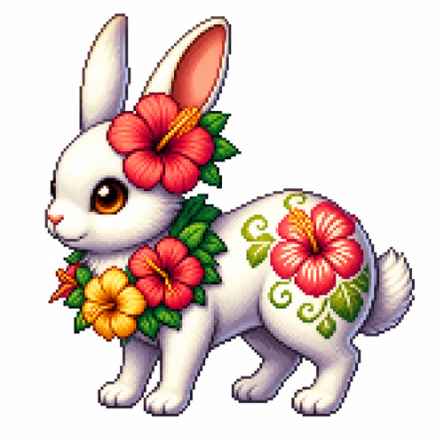 Cartoon hibiscus rabbit (quadruped), full body, white background