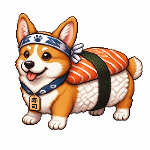 Cartoon sushi corgi, full body, white background