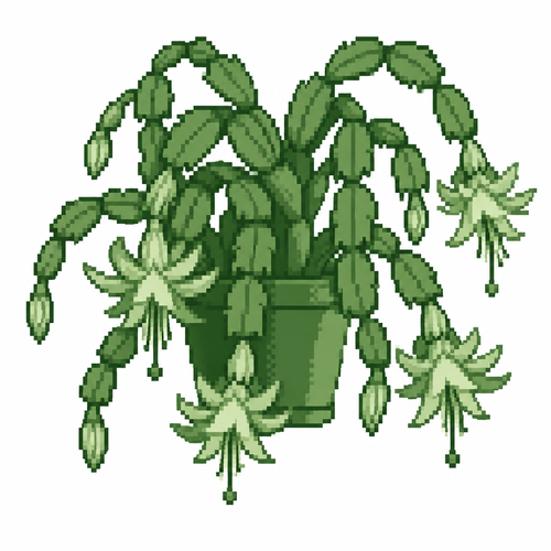 A Christmas cactus with segmented stems and cascading layered flowers. White background.