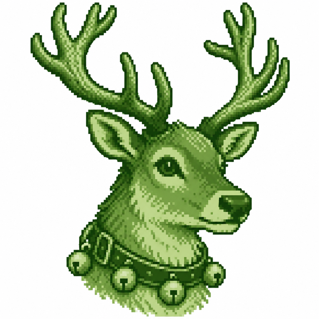 A reindeer head portrait with textured antlers and a festive leather collar. White background.