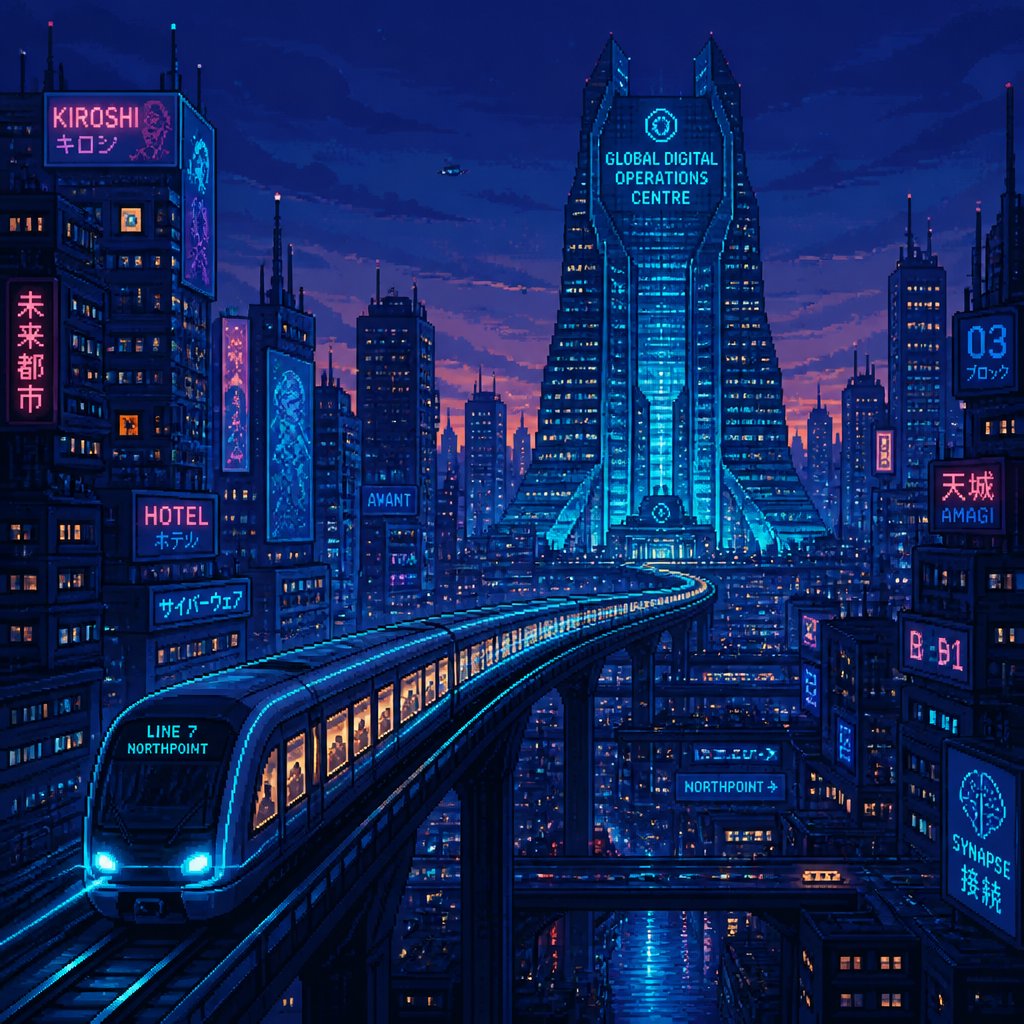 Pixel art futuristic city at night with an illuminated elevated train and skyscrapers
