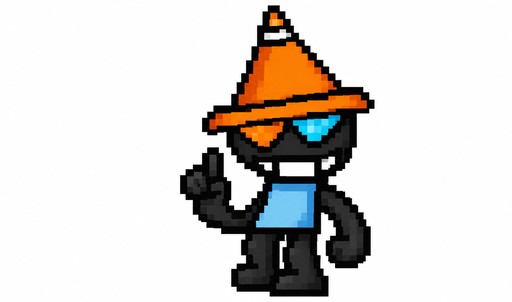 Pixel art person wearing an orange traffic cone hat and blue outfit.