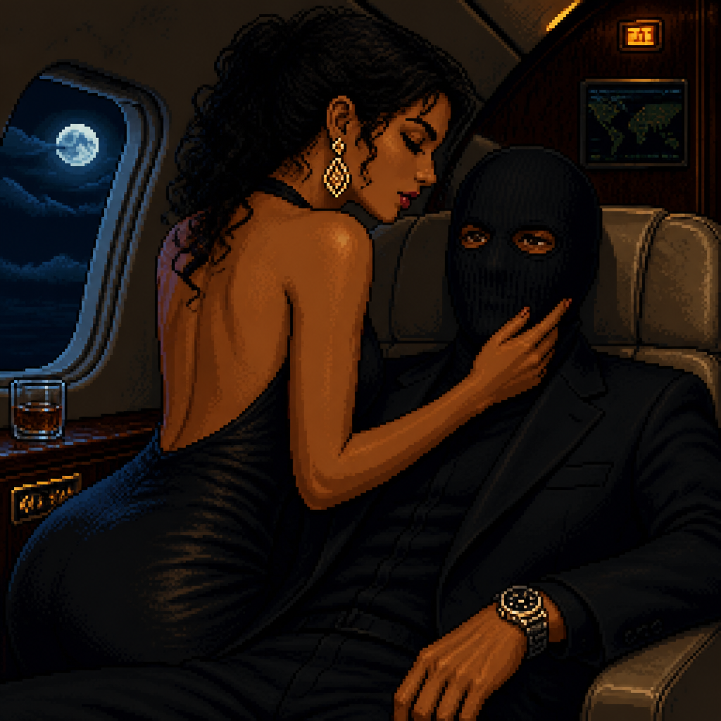 interior of a dark private jet cabin at night, close-up cinematic angle, tan-skinned Hispanic woman with curly dark hair leaning over a seated man, elegant backless black dress, large drop earrings, hand resting near his face, man wearing a plain black balaclava-style cloth mask covering his entire head and face, two simple round eye holes showing brown eyes, dark suit, wristwatch visible, reclining in his seat, cool blue moonlight coming through the jet window on the left, warm amber cabin lighting on skin tones, dramatic high-contrast noir lighting, moody luxury atmosphere, tight cropped composition emphasizing the two figures, 16-bit pixel art, dithered shading, limited color palette, hard pixel edges, retro game aesthetic, cinematic framing