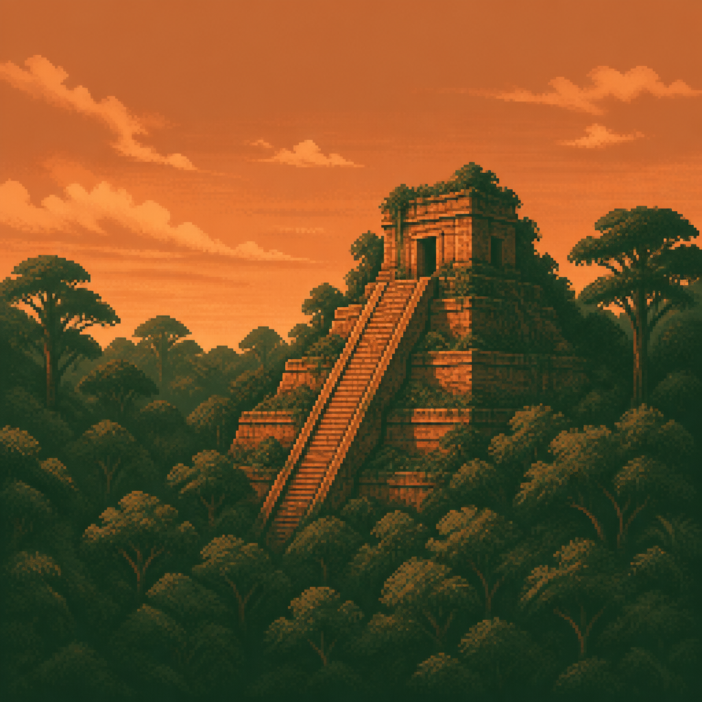 soft painterly gouache illustration, late afternoon light over a stepped pyramid half-swallowed
by dense jungle canopy, strictly limited color palette (2-3 tones maximum): forest green and
copper only, no other hues, warm rim light on the stonework, no water, empty of people and
animals, open sky visible above the treeline, no text