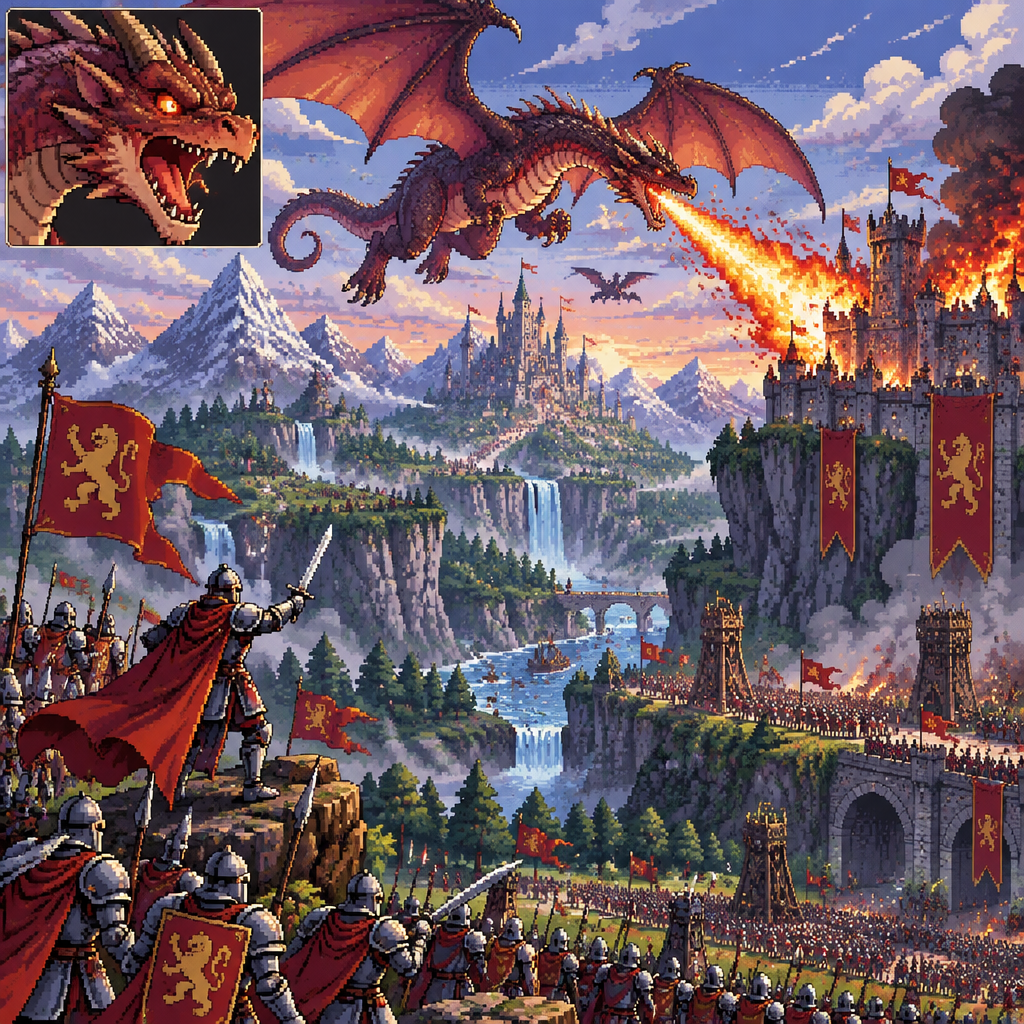 Dragon, flying on the sky, fire bolt, moutains, forest, river, waterfall, castles, kingdom, cliff, army, knight, flag, war