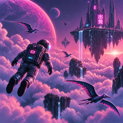 Astronaut floats through a cloudy alien sky with alien birds