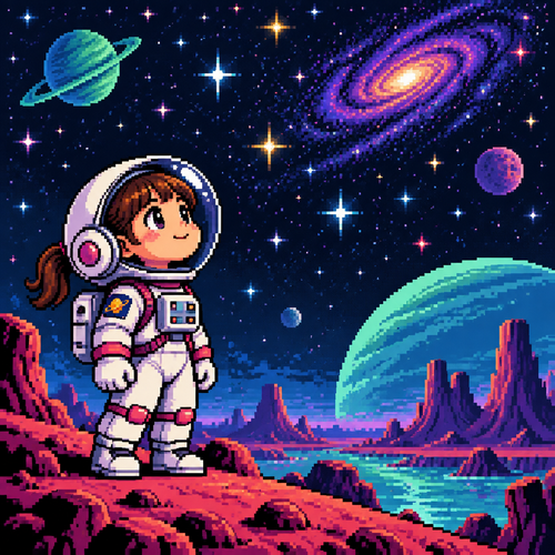 Little girl astronaut on an alien world looking up at stars hopefully