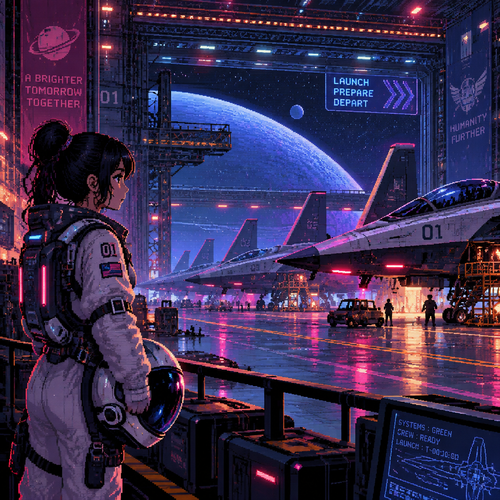 A young astronaut girl waits in a huge spaceship hangar. Spaceships are behind her waiting to take off