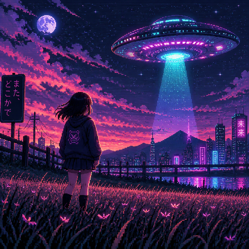 A young girl in a field watches a ufo in the sky