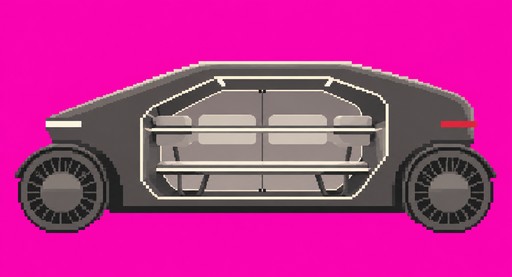 Pixel art gray car with black wheels on a bright pink background
