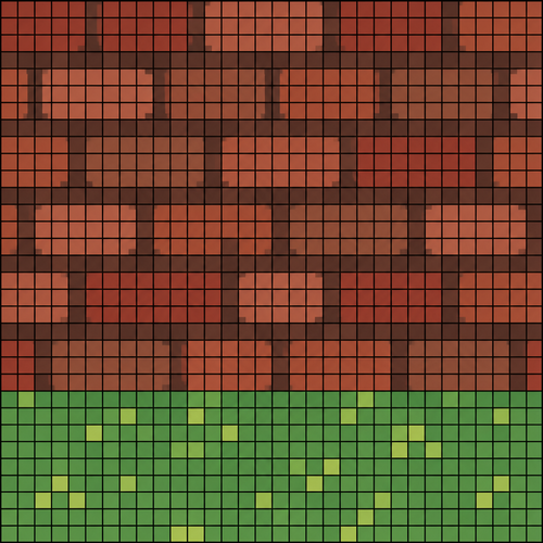 Create a 32×32 pixel art tile for an Animal Crossing: New Horizons brick path. This is a straight horizontal outer edge of the path. The brick path occupies the upper portion of the tile and has a clearly defined horizontal edge along the bottom, transitioning into grass/background. Use traditional warm reddish-brown bricks with subtle variation between individual bricks. Bricks should have irregular, slightly weathered edges and a charming handmade appearance. Exactly 32×32 discrete square pixels. Every pixel must contain exactly one solid color. No gradients, anti-aliasing, dithering, blur, texture within a pixel, or blended colors. Hard pixel edges only. Add a thin grid showing all 32×32 pixels.