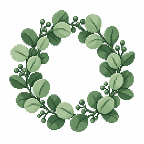 A eucalyptus wreath with overlapping round leaves and tiny embedded berries. White background 