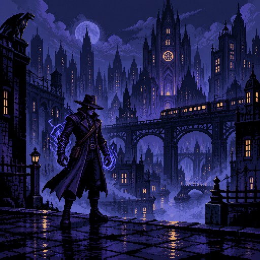 Seven from Deadlock standing in the foreground, full body visible, with the iconic dark New York city from Deadlock in the background. Tall gothic skyscrapers, neon signs, elevated train tracks, glowing windows and atmospheric fog. Seven wears his iconic dark outfit and hat, surrounded by subtle blue electrical energy. Dark cinematic atmosphere, authentic Deadlock game aesthetic, detailed 16-bit pixel art, retro pixel graphics, dark blue and purple color palette, high contrast lighting, wide shot, 16:9 aspect ratio. No text, no subtitles.