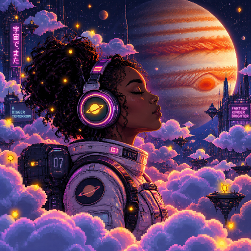 Profile of Young dark skin astronaut girl with headphones and eyes closed standing surrounded by a many many of puffy clouds that float around her head and shoulders. Jupiter rises in the background. Fireflies are scattered in the scene 